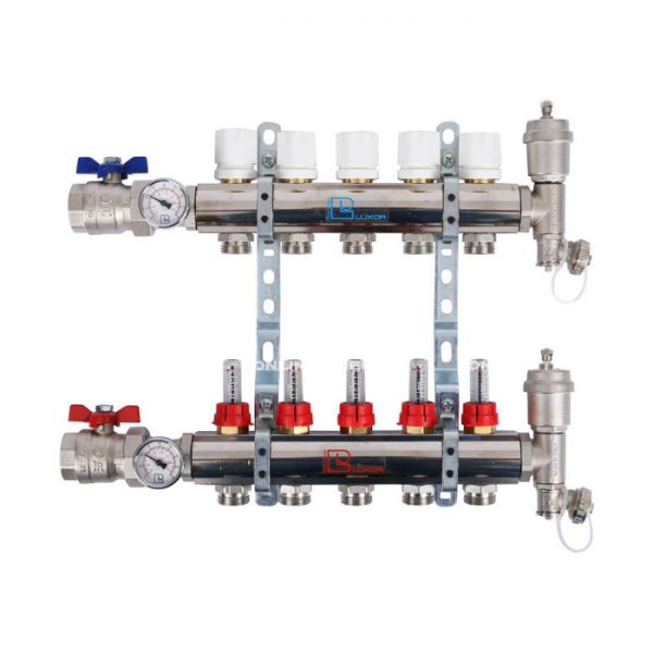 Распределительный коллектор (группа) с расходомерами Luxor 15652705MN ВР 1", на 5 контуров 3/4" EK, никелированный