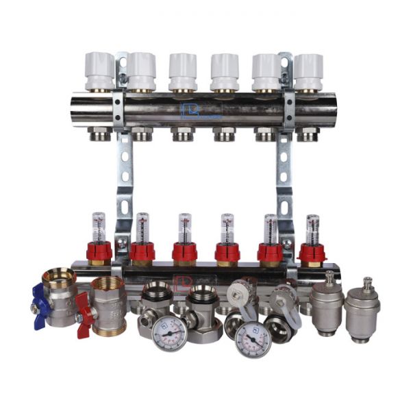 Распределительный коллектор (группа) с расходомерами Luxor 15652706MN ВР 1", на 6 контуров 3/4" EK, никелированный