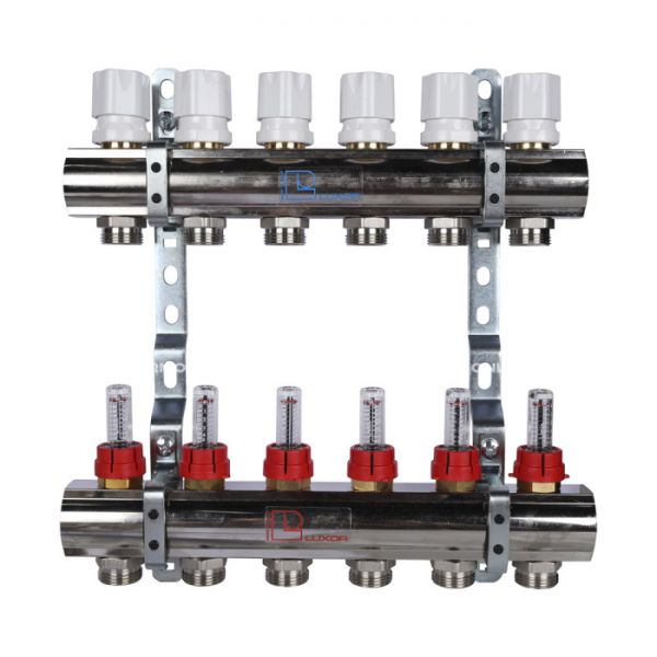 Распределительный коллектор (группа) с расходомерами Luxor 15652706MN ВР 1", на 6 контуров 3/4" EK, никелированный