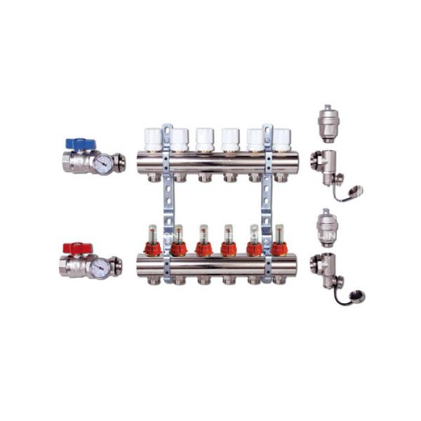Распределительный коллектор (группа) с расходомерами Luxor 15652707MN ВР 1", на 7 контуров 3/4" EK, никелированный