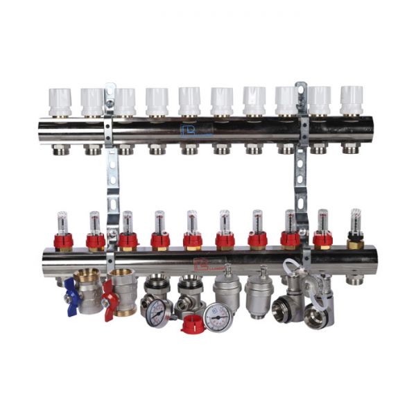 Распределительный коллектор (группа) с расходомерами Luxor 15652710MN ВР 1", на 10 контуров 3/4" EK, никелированный