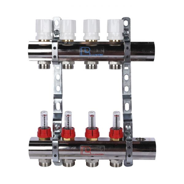 Распределительный коллектор (группа) с расходомерами Luxor 15662704N ВР 1", на 4 контура 3/4" EK, никелированный