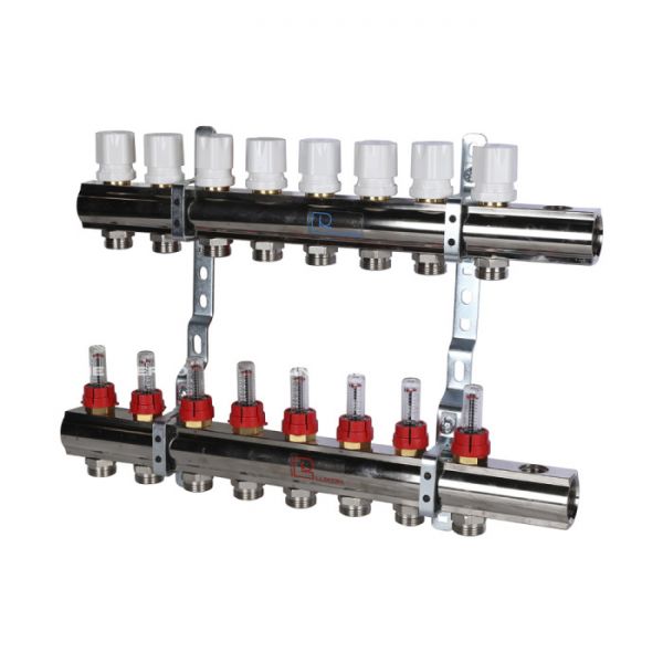 Распределительный коллектор (группа) с расходомерами Luxor 15662708N ВР 1", на 8 контуров 3/4" EK, никелированный