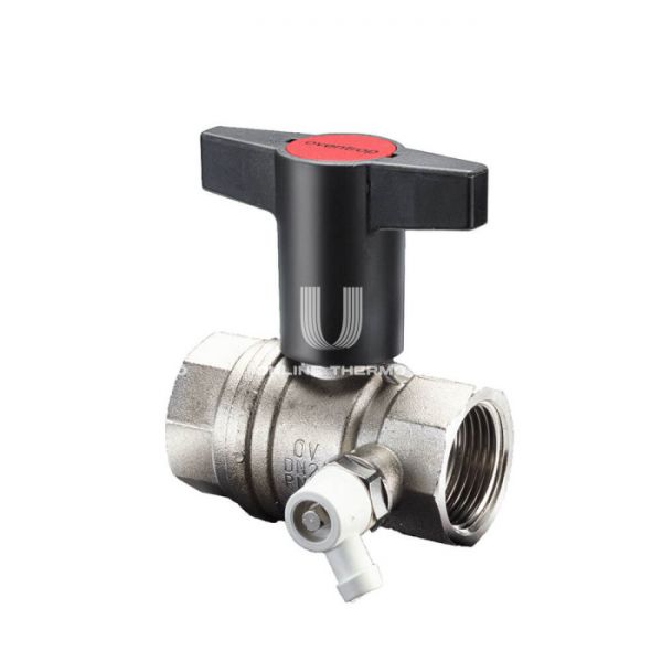 Кран шаровый Oventrop Optibal 1077810, 1 1/4" ВР-ВР, полнопроходной, ручка пластиковая удлиненная, со штуцером для слива 1/4"