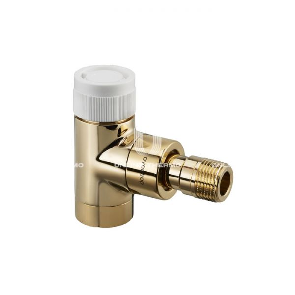 Термостатический клапан (терморегулятор) Oventrop 1163072, DN15, 1/2" ВР-НР, серия E, угловой, позолоченный, с преднастройкой