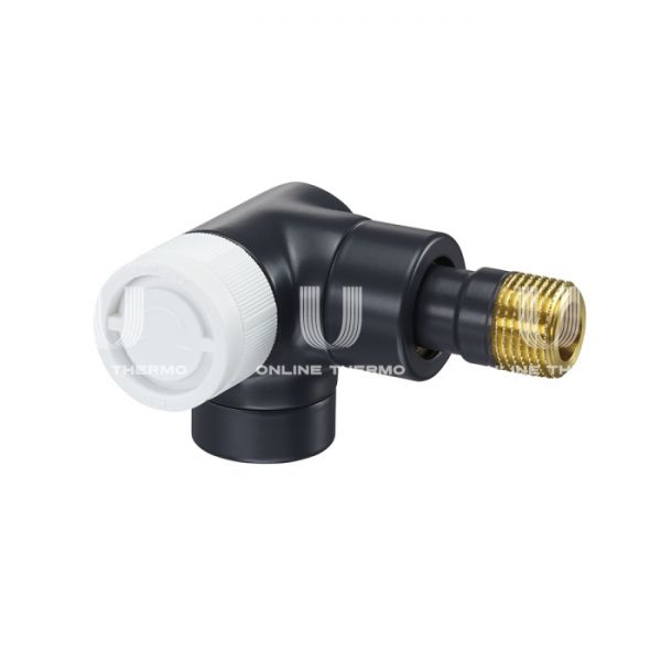 Термостатический клапан (терморегулятор) Oventrop 1163432, DN15, 1/2" ВР-НР, серия E, трехосевой левый, черный антрацит, с преднастройкой