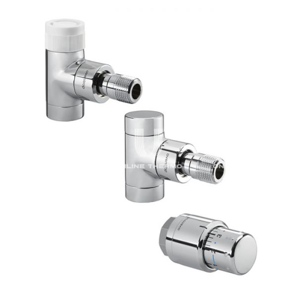 Комплект Oventrop 1164052 из термостатического клапана, термоголовки, обратного вентиля, DN15, 1/2" ВР-НР, угловой, хромированный, с преднастройкой