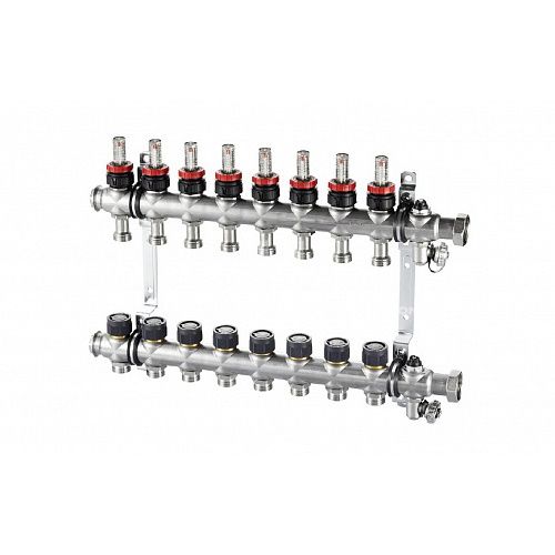 Распределительный коллектор (группа) с расходомерами Oventrop Multidis SF12 1404362, ВР 1", на 12 контуров, 3/4" ЕК, нержавеющая сталь