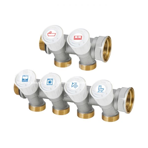 **Коллектор распределительный с запорными клапанами RBM 27940550, 3/4" ВР-НР, на 3 контура  1/2" НР, модульный