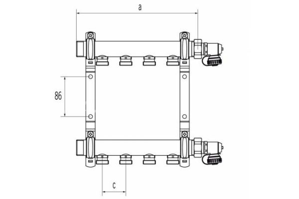 Распределительный коллектор (группа) для отопления Rehau HLV 11102071001 НР 1", на 5 контуров 3/4" EK, нержавеющая сталь, с концевыми группами