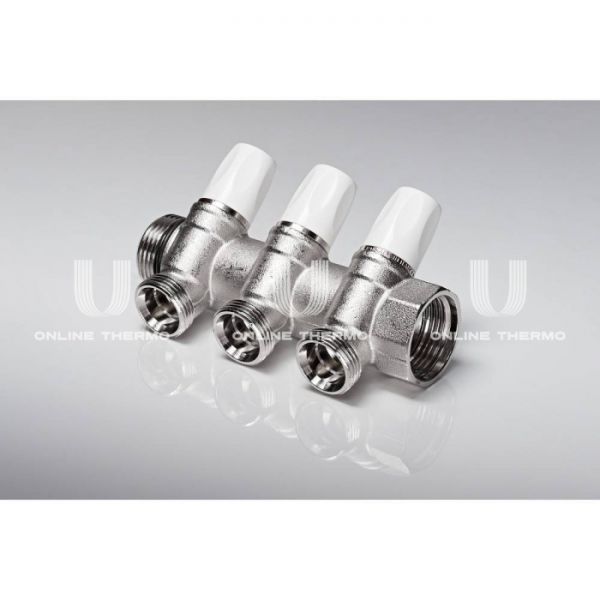 Коллектор распределительный с запорными клапанами Rehau Rautitan 11316451001, G1" ВР-НР, на 3 контура 3/4" НР, модульный, конусное соединение