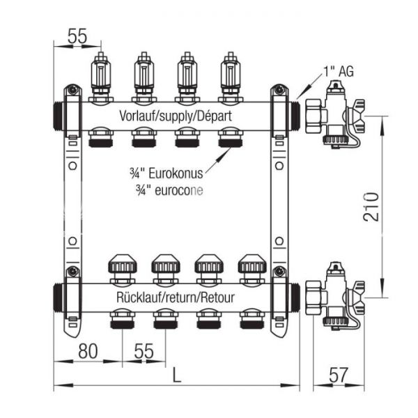Распределительный коллектор (группа) с расходомерами Rehau HKV-D 12080211002 НР 1", на 2 контура 3/4" EK, нержавеющая сталь, с концевыми группами