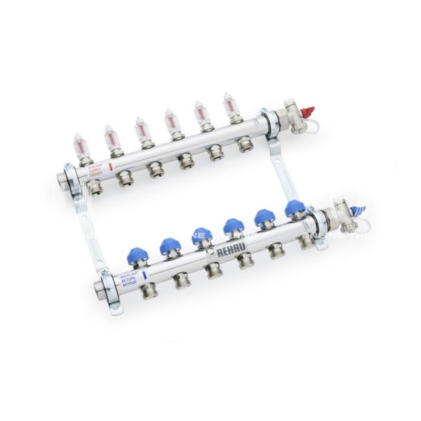 Распределительный коллектор (группа) с расходомерами Rehau HKV-D 12080811002 НР 1", на 8 контуров 3/4" EK, нержавеющая сталь, с концевыми группами
