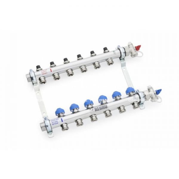 Распределительный коллектор (группа) для отопления Rehau HKV 12181011001 НР 1", на 10 контуров 3/4" EK, нержавеющая сталь, с концевыми группами