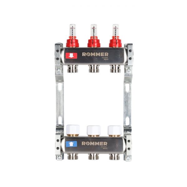 Распределительный коллектор (группа) с расходомерами Rommer RMS-1200-000003 ВР 1", на 3 контура 3/4" EK, нержавеющая сталь