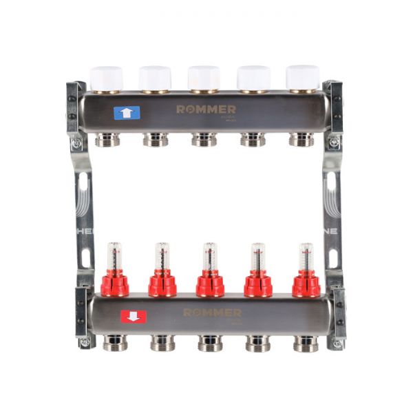 Распределительный коллектор (группа) с расходомерами Rommer RMS-1200-000005 ВР 1", на 5 контуров 3/4" EK, нержавеющая сталь
