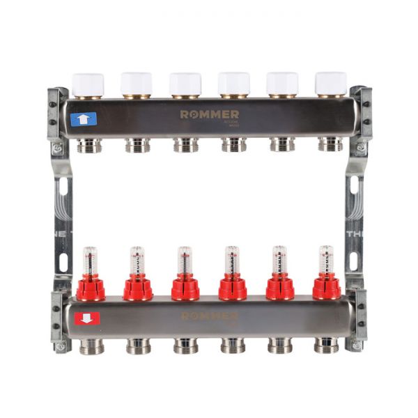 Распределительный коллектор (группа) с расходомерами Rommer RMS-1200-000006 ВР 1", на 6 контуров 3/4" EK, нержавеющая сталь