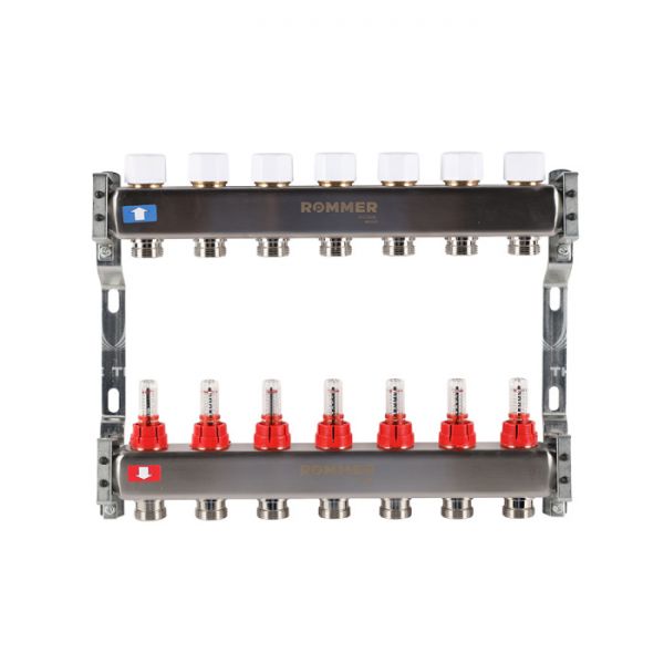 Распределительный коллектор (группа) с расходомерами Rommer RMS-1200-000007 ВР 1", на 7 контуров 3/4" EK, нержавеющая сталь