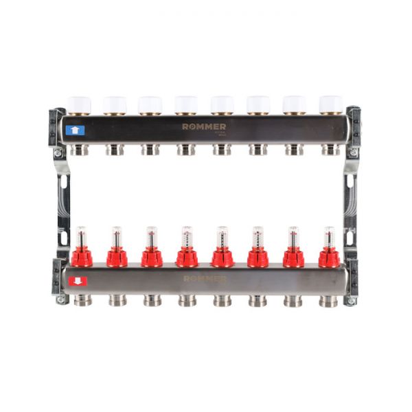 Распределительный коллектор (группа) с расходомерами Rommer RMS-1200-000008 ВР 1", на 8 контуров 3/4" EK, нержавеющая сталь