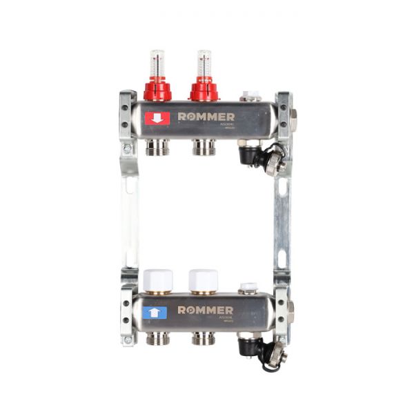 Распределительный коллектор (группа) с расходомерами Rommer RMS-1201-000002 ВР 1", на 2 контура 3/4" EK, нержавеющая сталь
