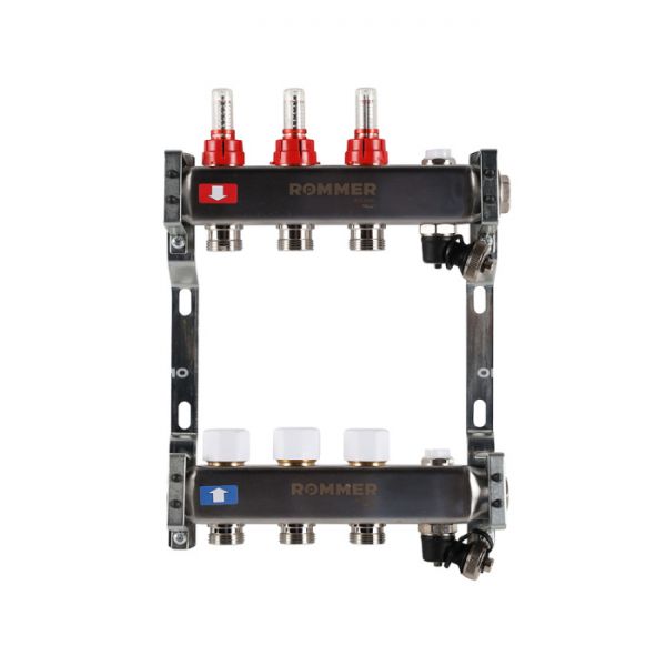 Распределительный коллектор (группа) с расходомерами Rommer RMS-1201-000003 ВР 1", на 3 контура 3/4" EK, нержавеющая сталь