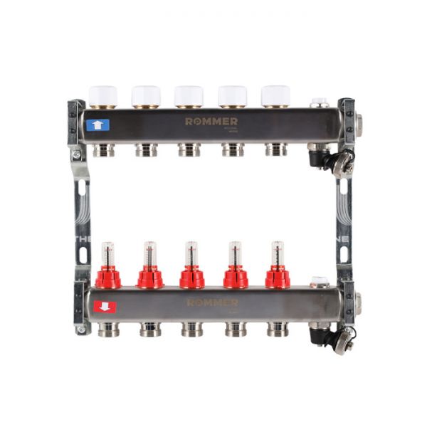 Распределительный коллектор (группа) с расходомерами Rommer RMS-1201-000005 ВР 1", на 5 контуров 3/4" EK, нержавеющая сталь