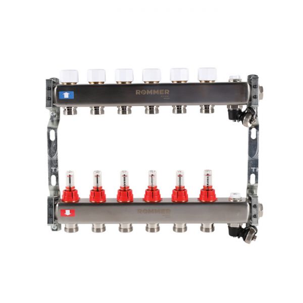 Распределительный коллектор (группа) с расходомерами Rommer RMS-1201-000006 ВР 1", на 6 контуров 3/4" EK, нержавеющая сталь