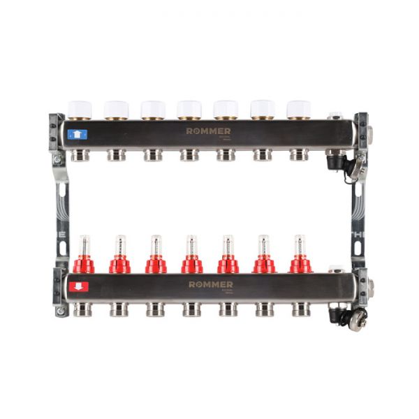 Распределительный коллектор (группа) с расходомерами Rommer RMS-1201-000007 ВР 1", на 7 контуров 3/4" EK, нержавеющая сталь