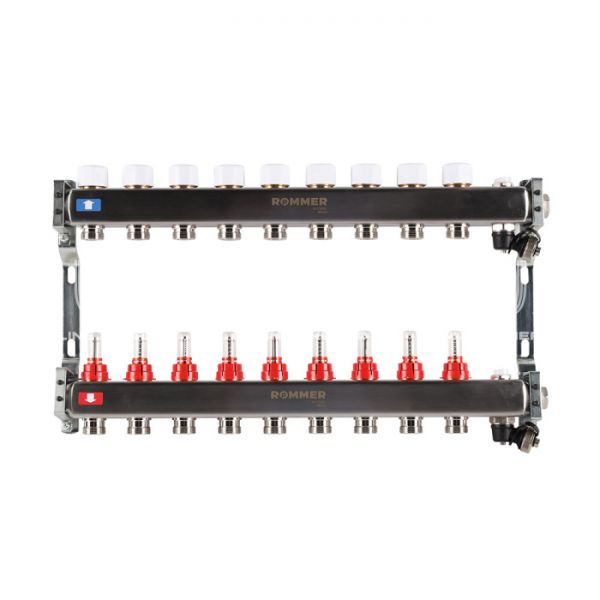 Распределительный коллектор (группа) с расходомерами Rommer RMS-1201-000009 ВР 1", на 9 контуров 3/4" EK, нержавеющая сталь
