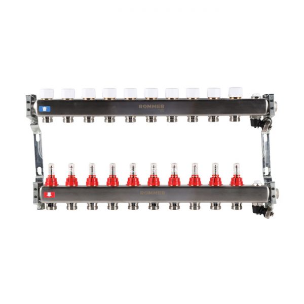 Распределительный коллектор (группа) с расходомерами Rommer RMS-1201-000010 ВР 1", на 10 контуров 3/4" EK, нержавеющая сталь