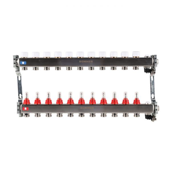 Распределительный коллектор (группа) с расходомерами Rommer RMS-1201-000011 ВР 1", на 11 контуров 3/4" EK, нержавеющая сталь