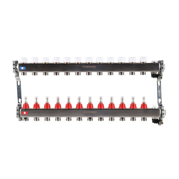 Распределительный коллектор (группа) с расходомерами Rommer RMS-1201-000012 ВР 1", на 12 контуров 3/4" EK, нержавеющая сталь