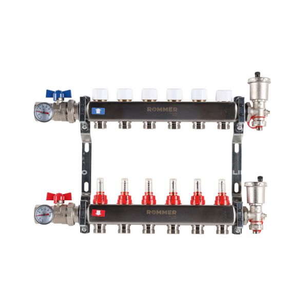 Распределительный коллектор (группа) с расходомерами Rommer RMS-1210-000006 ВР 1", на 6 контуров 3/4" EK, нержавеющая сталь