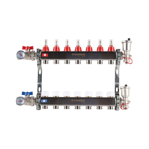Распределительный коллектор (группа) с расходомерами Rommer RMS-1210-000007 ВР 1", на 7 контуров 3/4" EK, нержавеющая сталь