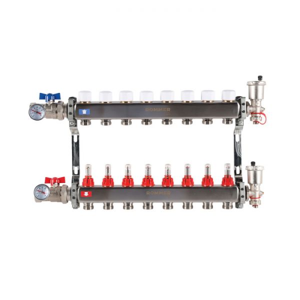 Распределительный коллектор (группа) с расходомерами Rommer RMS-1210-000008 ВР 1", на 8 контуров 3/4" EK, нержавеющая сталь