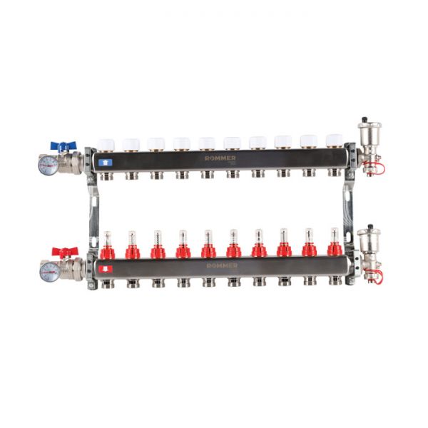 Распределительный коллектор (группа) с расходомерами Rommer RMS-1210-000010 ВР 1", на 10 контуров 3/4" EK, нержавеющая сталь