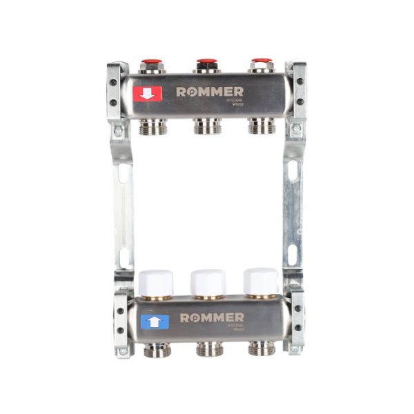 Распределительный коллектор (группа) для отопления Rommer RMS-3200-000003 ВР 1", на 3 контура 3/4" EK, нержавеющая сталь
