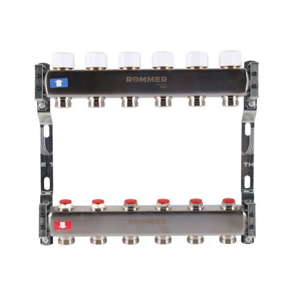 Распределительный коллектор (группа) для отопления Rommer RMS-3200-000006 ВР 1", на 6 контуров 3/4" EK, нержавеющая сталь