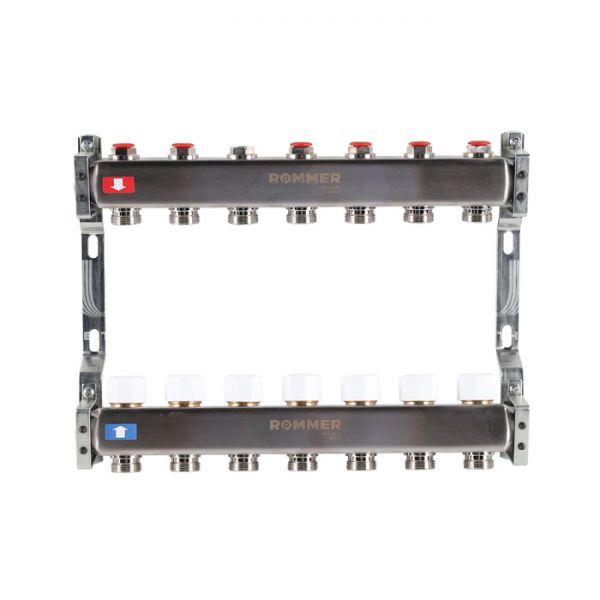 Распределительный коллектор (группа) для отопления Rommer RMS-3200-000007 ВР 1", на 7 контуров 3/4" EK, нержавеющая сталь
