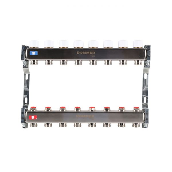 Распределительный коллектор (группа) для отопления Rommer RMS-3200-000008 ВР 1", на 8 контуров 3/4" EK, нержавеющая сталь