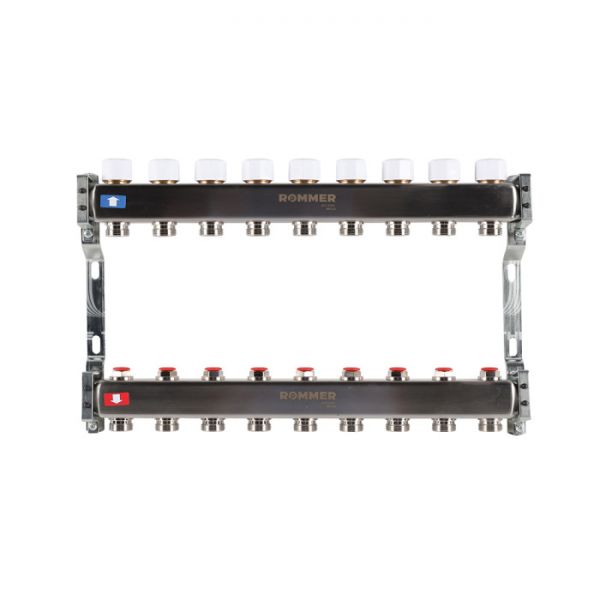 Распределительный коллектор (группа) для отопления Rommer RMS-3200-000009 ВР 1", на 9 контуров 3/4" EK, нержавеющая сталь