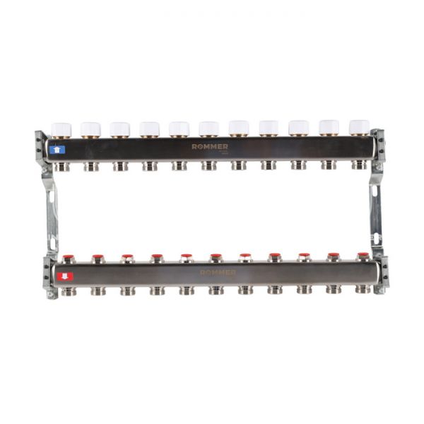 Распределительный коллектор (группа) для отопления Rommer RMS-3200-000011 ВР 1", на 11 контуров 3/4" EK, нержавеющая сталь