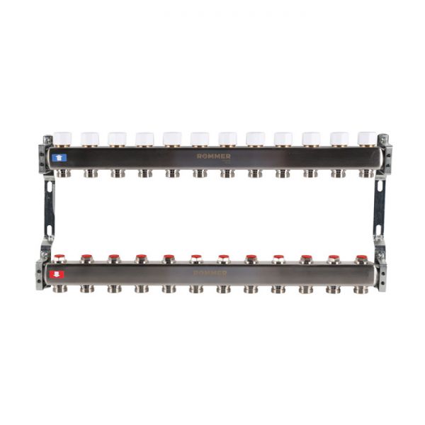Распределительный коллектор (группа) для отопления Rommer RMS-3200-000012 ВР 1", на 12 контуров 3/4" EK, нержавеющая сталь