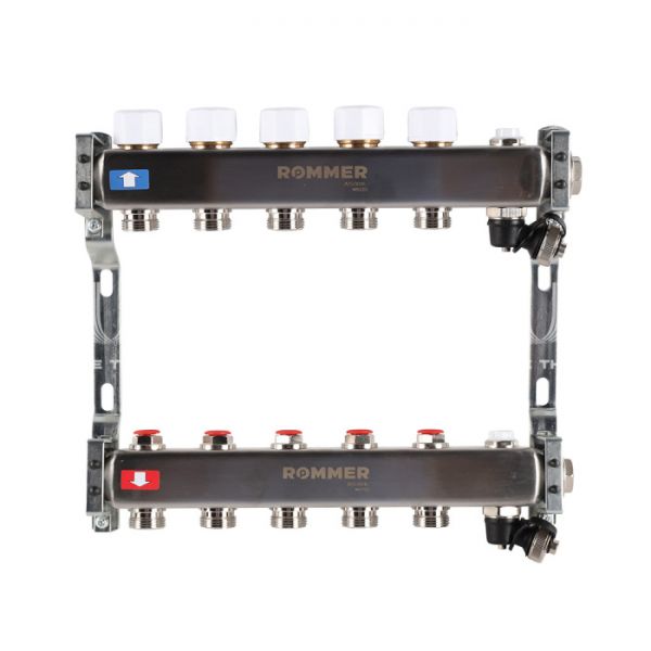 Распределительный коллектор (группа) для отопления Rommer RMS-3201-000005 ВР 1", на 5 контуров 3/4" EK, нержавеющая сталь