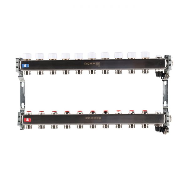 Распределительный коллектор (группа) для отопления Rommer RMS-3201-000010 ВР 1", на 10 контуров 3/4" EK, нержавеющая сталь