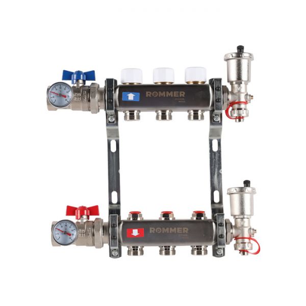 Распределительный коллектор (группа) для отопления Rommer RMS-3210-000003 ВР 1", на 3 контура 3/4" EK, нержавеющая сталь