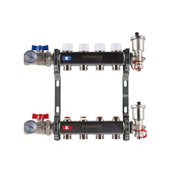 Распределительный коллектор (группа) для отопления Rommer RMS-3210-000004 ВР 1", на 4 контура 3/4" EK, нержавеющая сталь