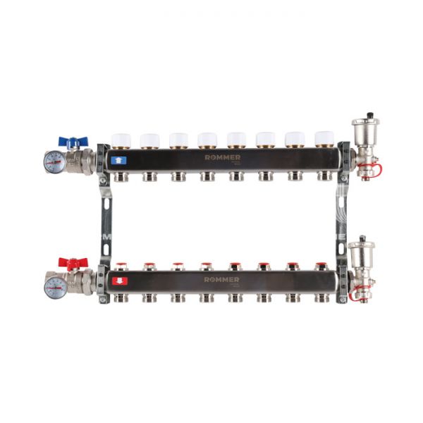 Распределительный коллектор (группа) для отопления Rommer RMS-3210-000008 ВР 1", на 8 контуров 3/4" EK, нержавеющая сталь