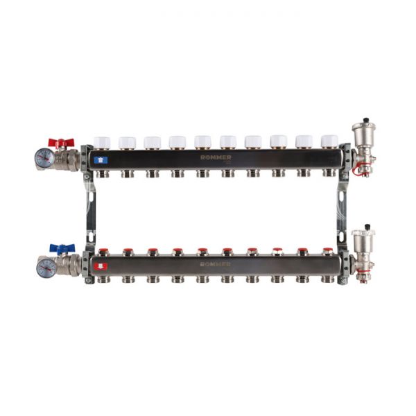 Распределительный коллектор (группа) для отопления Rommer RMS-3210-000010 ВР 1", на 10 контуров 3/4" EK, нержавеющая сталь
