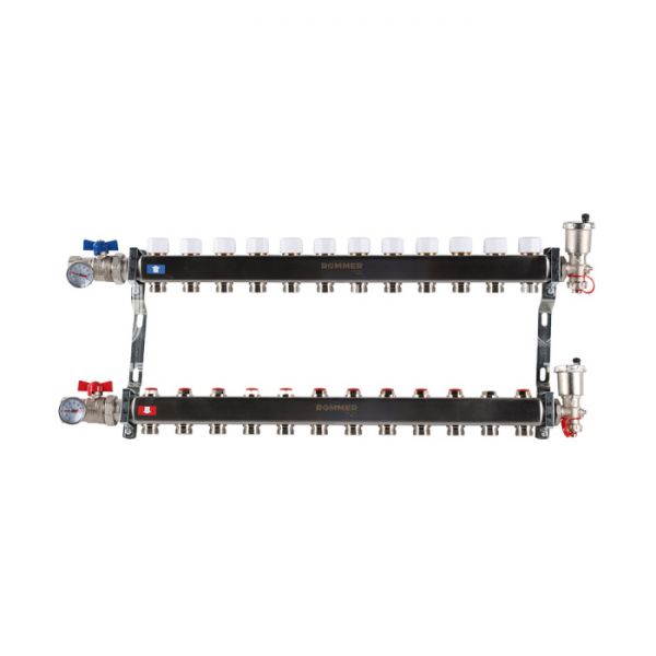 Распределительный коллектор (группа) для отопления Rommer RMS-3210-000012 ВР 1", на 12 контуров 3/4" EK, нержавеющая сталь